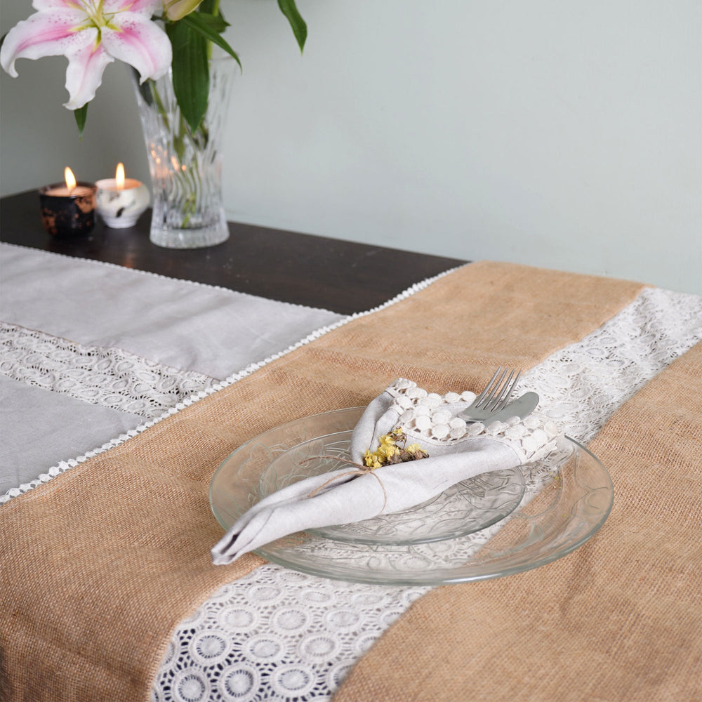 Pravaah Dharanee Table Runner | Hemp and Jute Reversible Table Runner with Lace detailing
