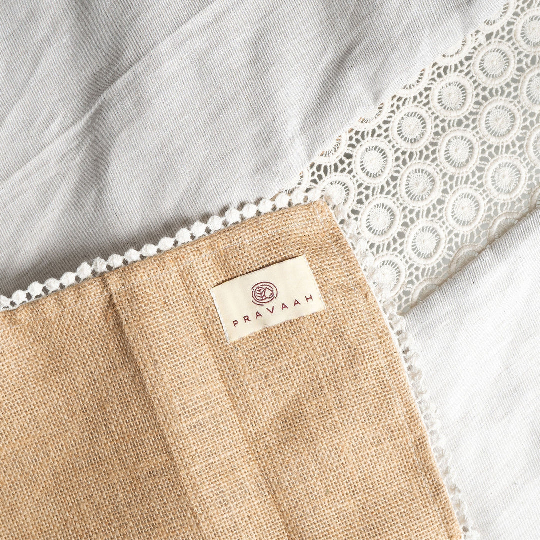 Pravaah Dharanee Table Runner | Hemp and Jute Reversible Table Runner with Lace detailing