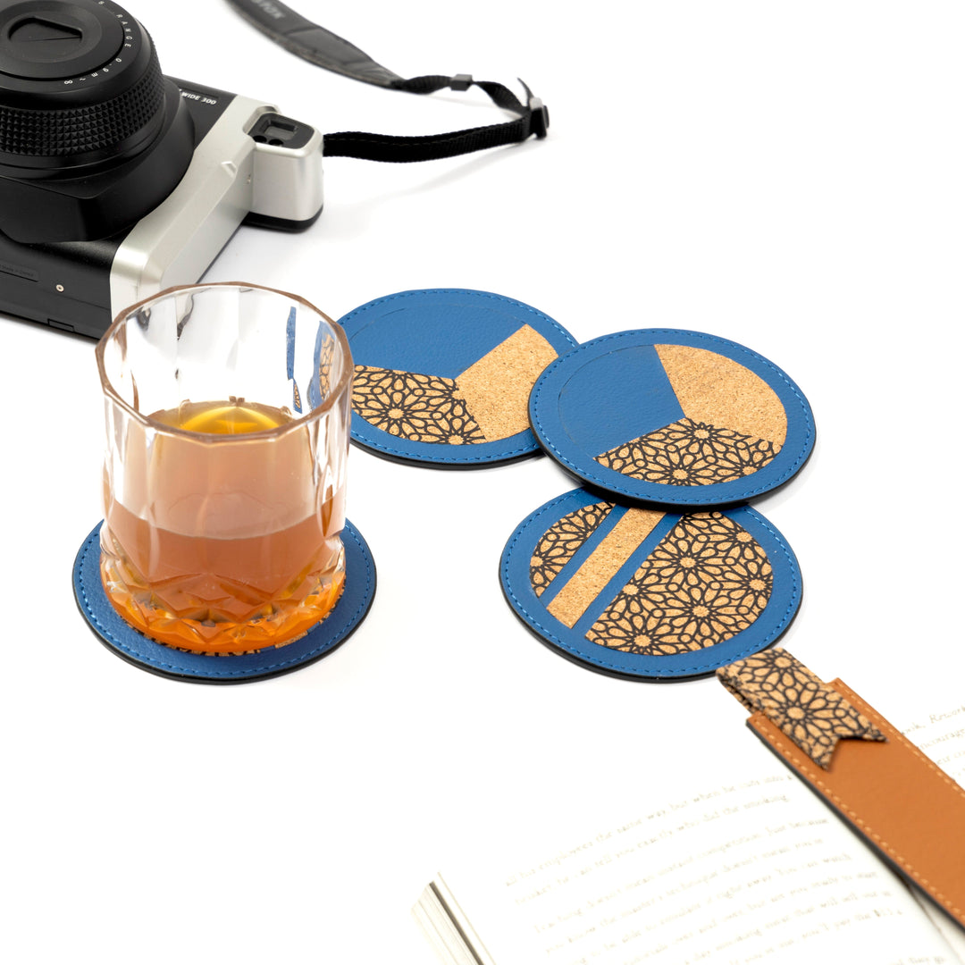 Green Hermitage Vegan Leather Coasters Set - Blue