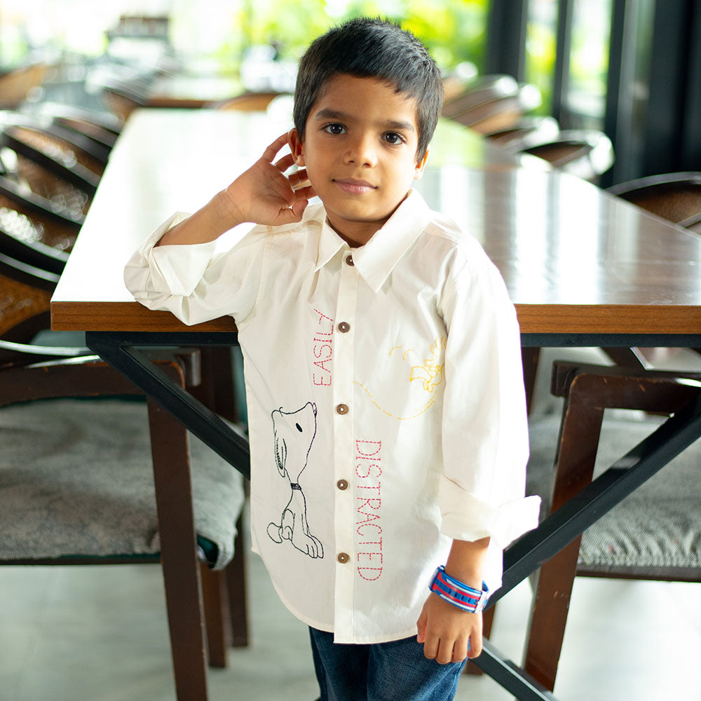 Easily Distracted Dog Embroidered Organic Cotton Shirt - White