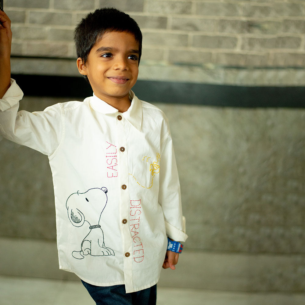 Easily Distracted Dog Embroidered Organic Cotton Shirt - White