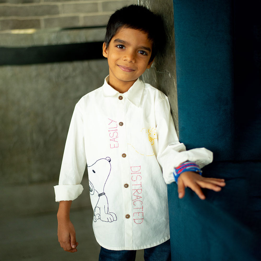 Easily Distracted Dog Embroidered Organic Cotton Shirt - White