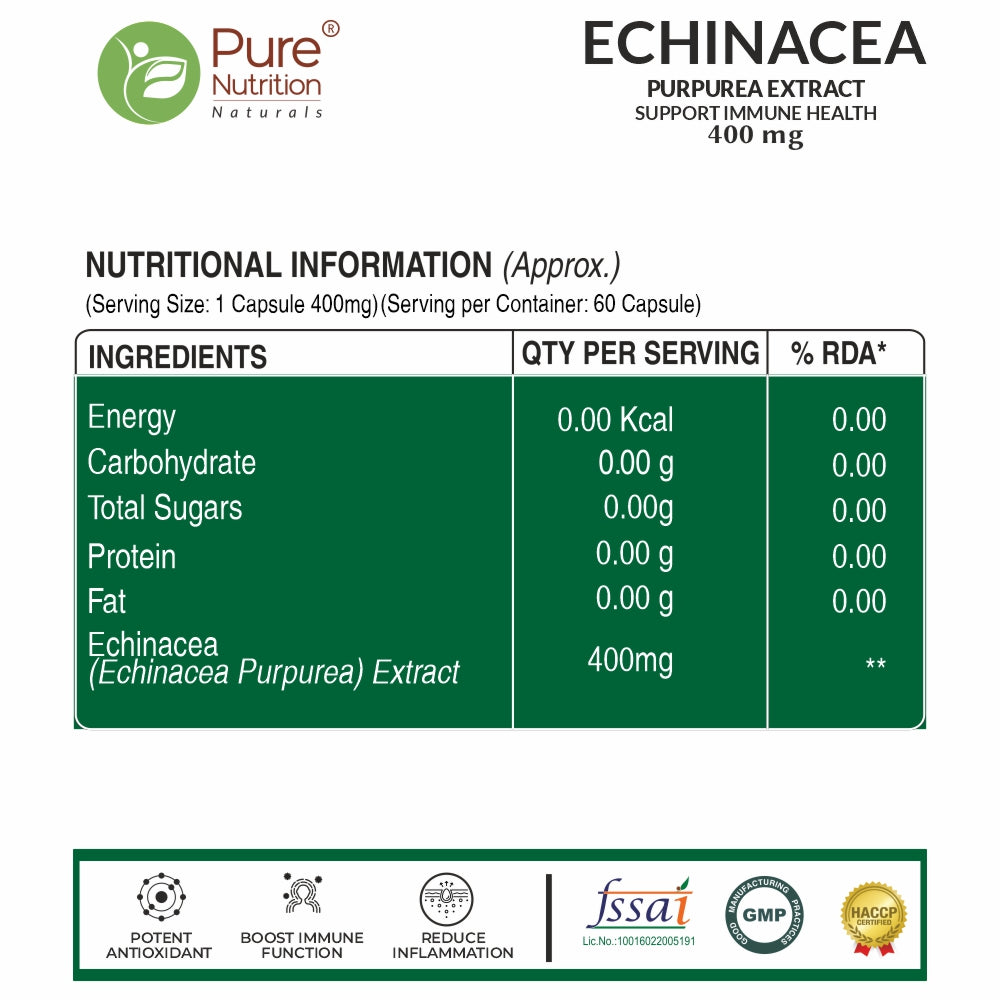 Pure Nutrition Echinacea Capsules - 60 Capsules | Antioxidant, Immune Booster, and Anti-Inflammatory Support