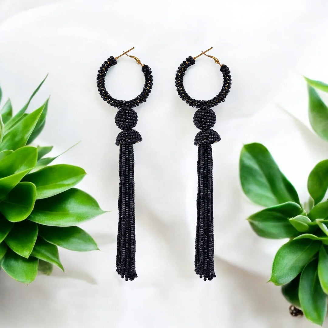 Bamboology Trends Elegant Black Beaded Hoop Earrings with Tassel Detail