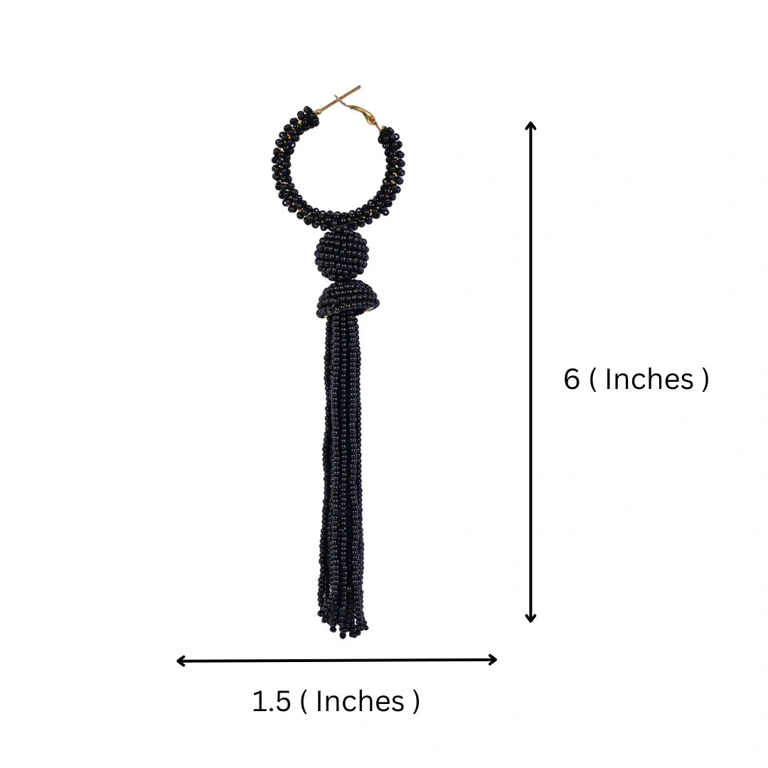 Bamboology Trends Elegant Black Beaded Hoop Earrings with Tassel Detail