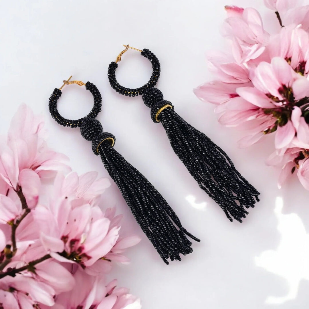 Bamboology Trends Elegant Black Beaded Hoop Earrings with Tassel Detail