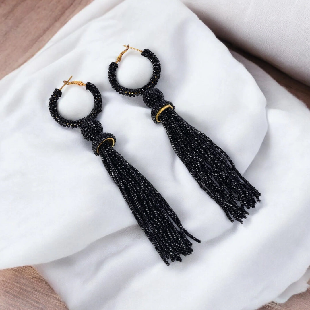 Bamboology Trends Elegant Black Beaded Hoop Earrings with Tassel Detail