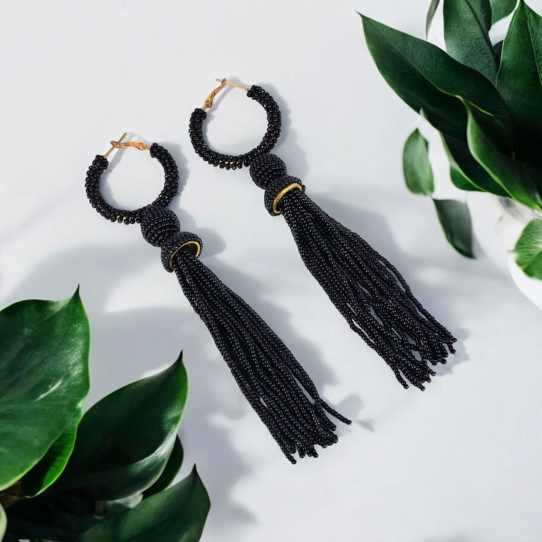 Bamboology Trends Elegant Black Beaded Hoop Earrings with Tassel Detail