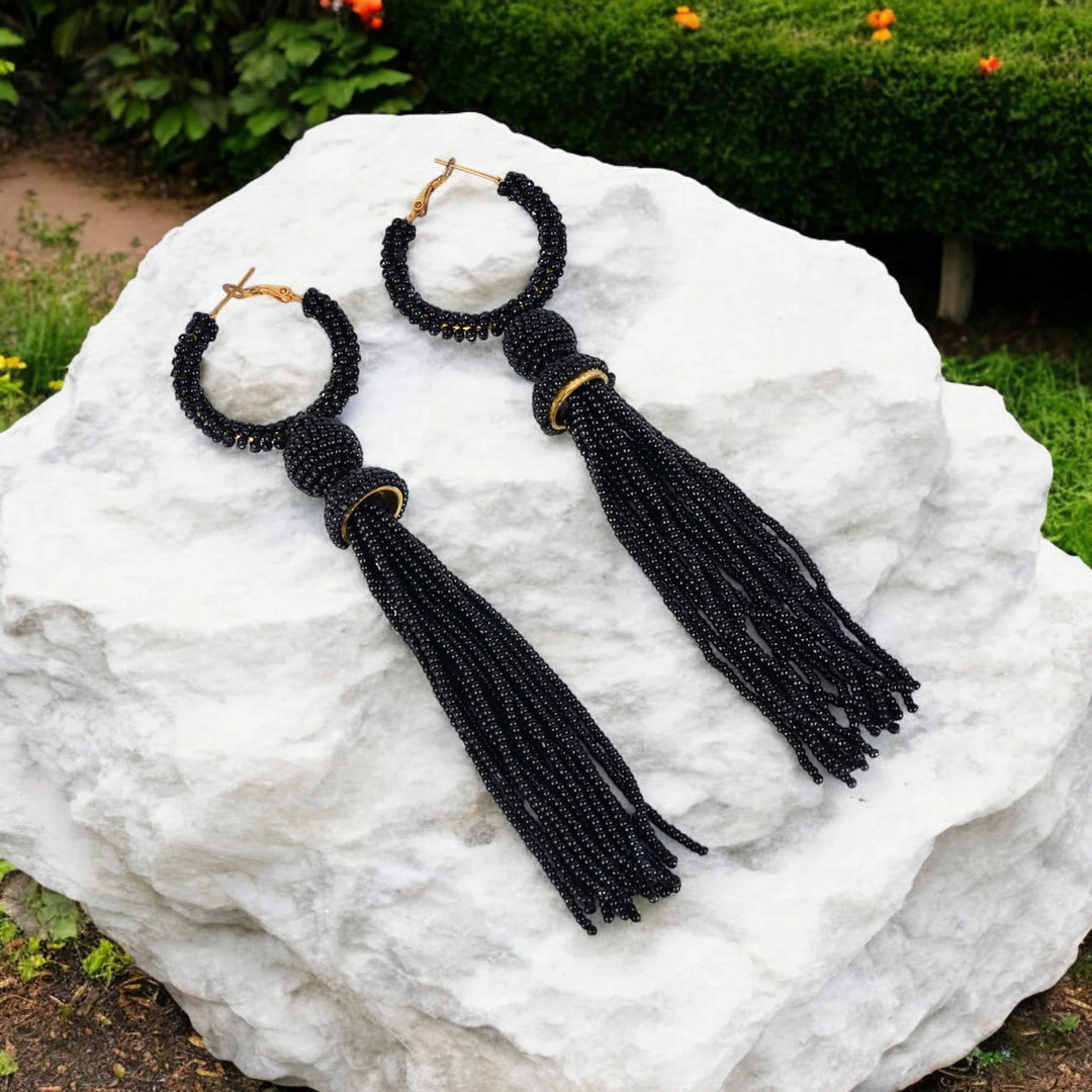Bamboology Trends Elegant Black Beaded Hoop Earrings with Tassel Detail
