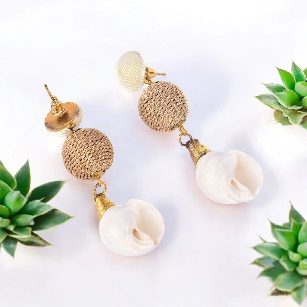 Elegant Shell Drop Earrings with Twisted Gold Bead Accents – Coastal Chic Jewelry