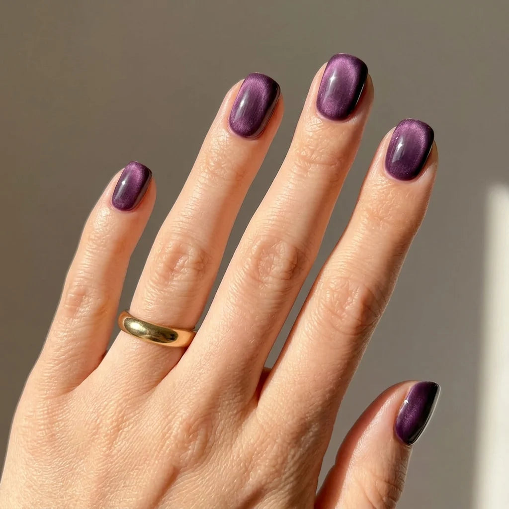 Gush Beauty Ruby, Cat Eye with Nail Glue + Nail Glue Sticker | Short, Squoval Press-On Nails