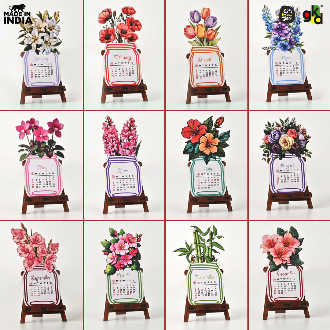 Floral Desk Calendar 2025 | Paper Calendar with Wooden Stand | Perfect for Home & Workspaces