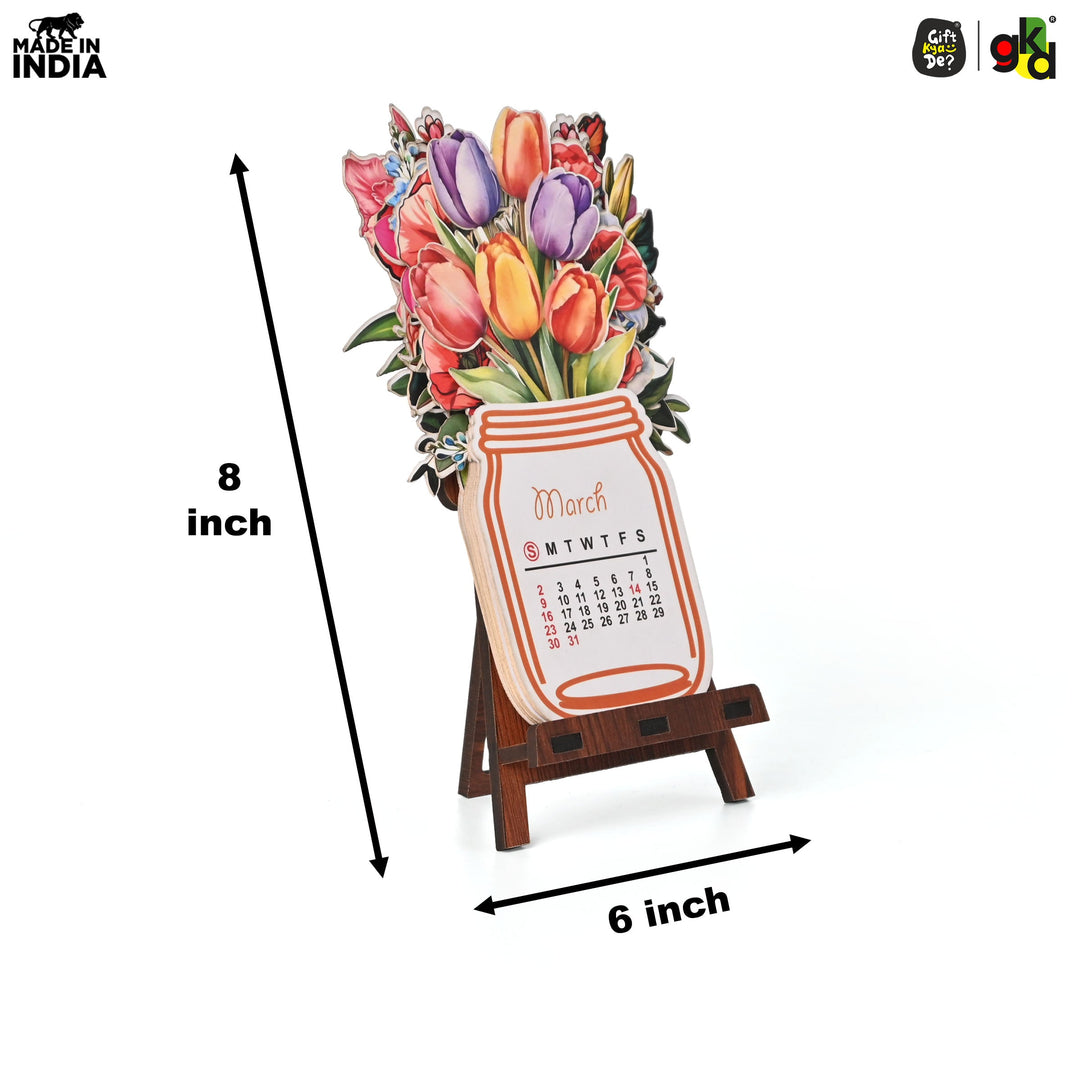 Floral Desk Calendar 2025 | Paper Calendar with Wooden Stand | Perfect for Home & Workspaces