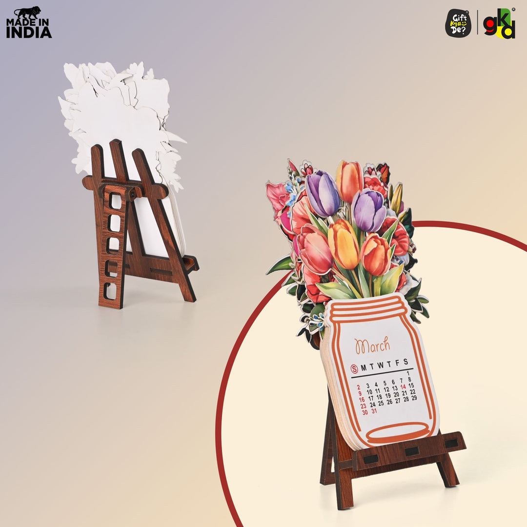 Floral Desk Calendar 2025 | Paper Calendar with Wooden Stand | Perfect for Home & Workspaces