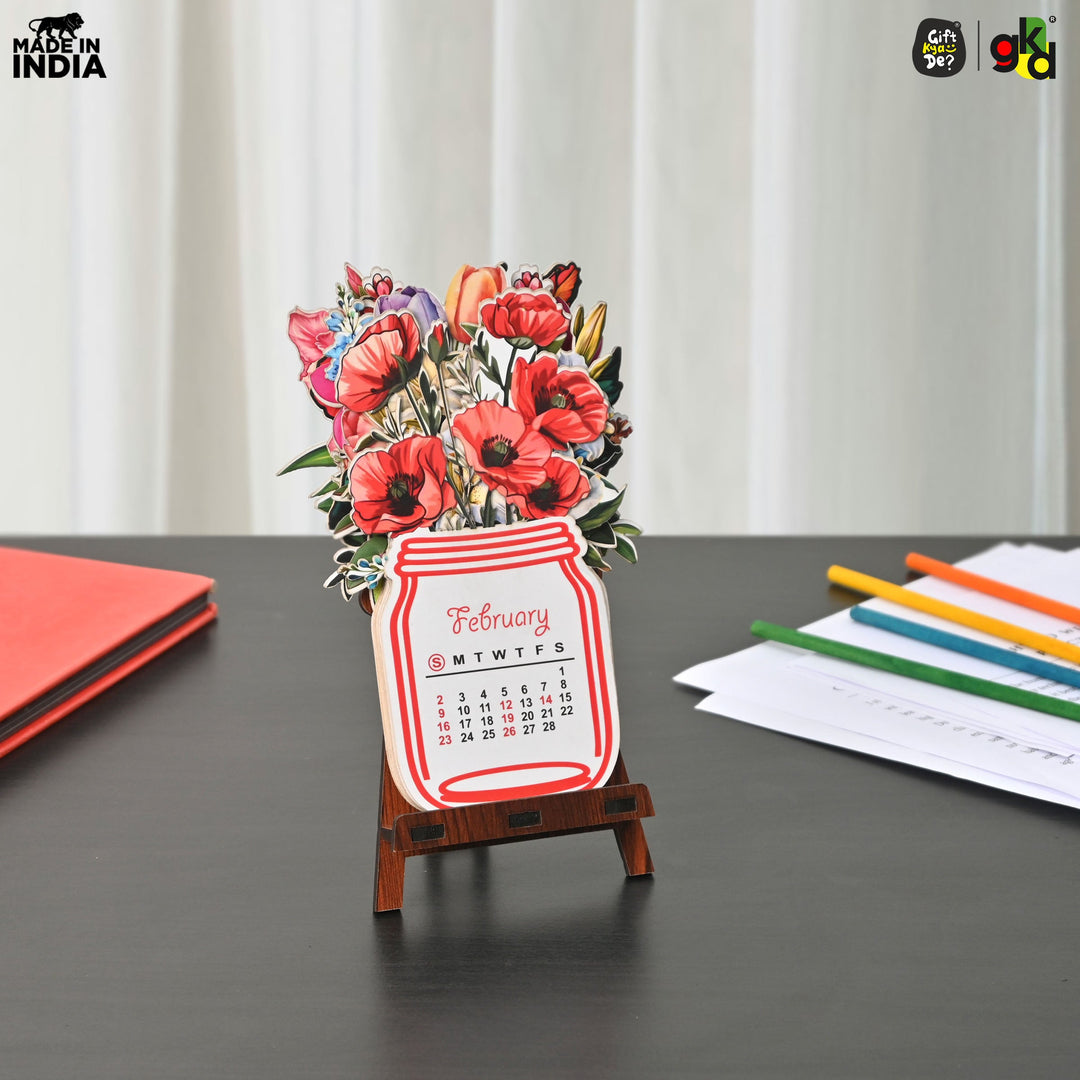 Floral Desk Calendar 2025 | Paper Calendar with Wooden Stand | Perfect for Home & Workspaces