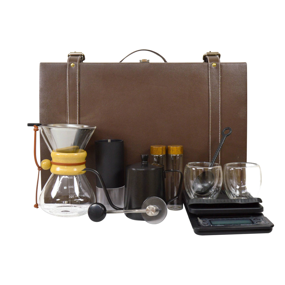 9-Piece Pour-Over Coffee Set I Gooseneck Kettlel I Manual Grinder l Chemex-Style Carafe I Stainless steel filter Dripper, Glass Cups, Bean Holders & Premium Digital Scale