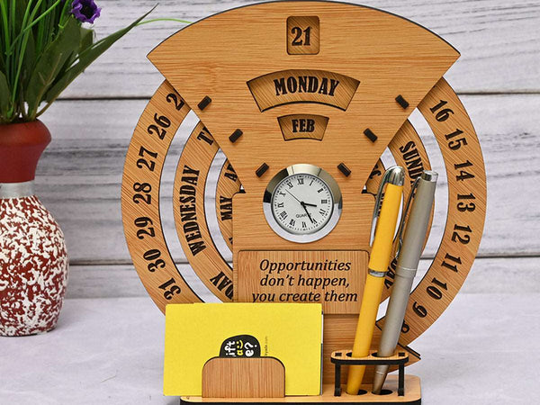 Gift Kya De Infinite Circular Calendar With Pen, Card Holder | Clock And Photo Frame Options Available | Desk Accessories