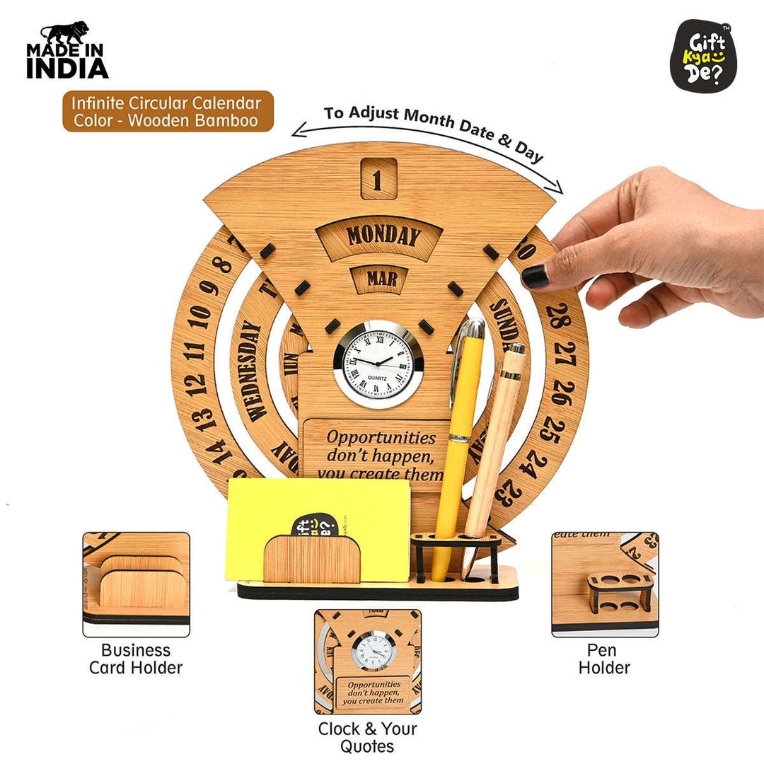 Gift Kya De Infinite Circular Calendar With Pen, Card Holder | Clock And Photo Frame Options Available | Desk Accessories