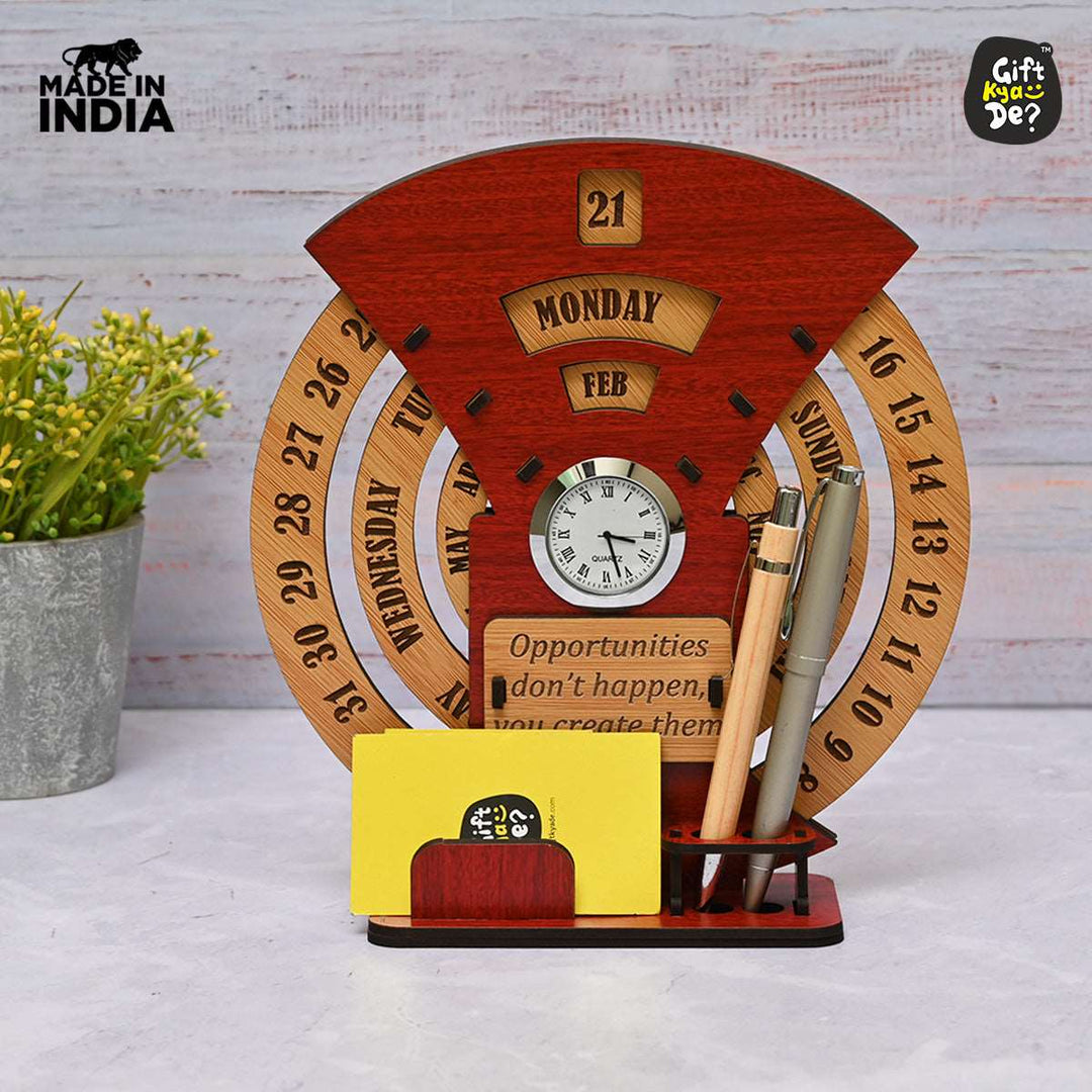 Gift Kya De Infinite Circular Calendar With Pen, Card Holder | Clock And Photo Frame Options Available | Desk Accessories