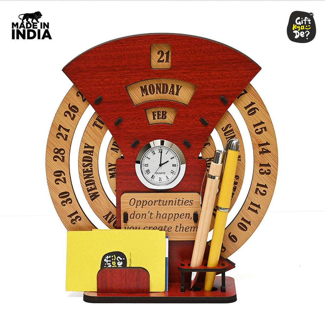 Gift Kya De Infinite Circular Calendar With Pen, Card Holder | Clock And Photo Frame Options Available | Desk Accessories