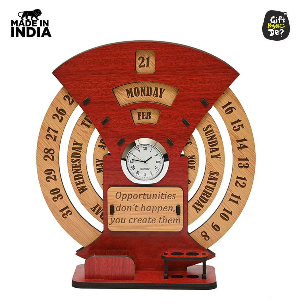 Gift Kya De Infinite Circular Calendar With Pen, Card Holder | Clock And Photo Frame Options Available | Desk Accessories