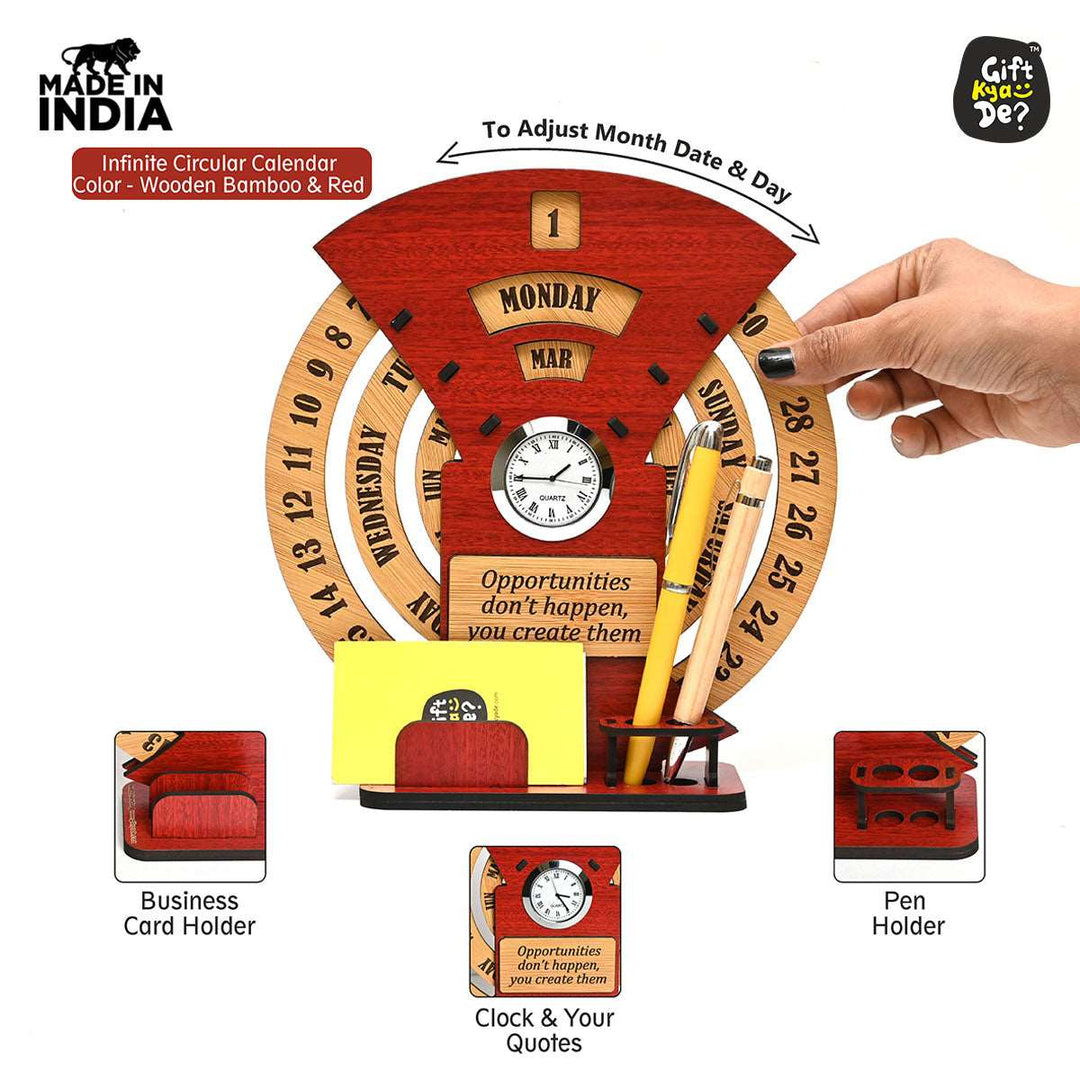 Gift Kya De Infinite Circular Calendar With Pen, Card Holder | Clock And Photo Frame Options Available | Desk Accessories