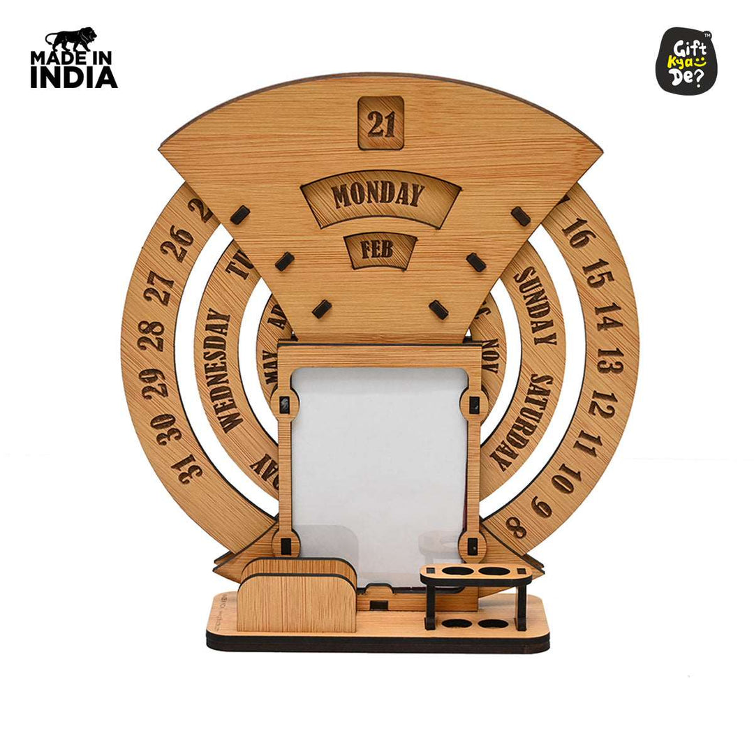 Gift Kya De Infinite Circular Calendar With Pen, Card Holder | Clock And Photo Frame Options Available | Desk Accessories