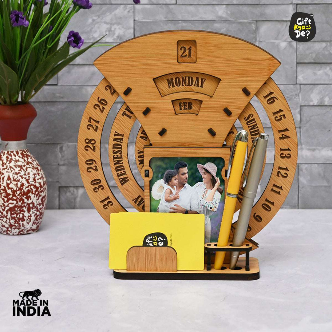 Gift Kya De Infinite Circular Calendar With Pen, Card Holder | Clock And Photo Frame Options Available | Desk Accessories