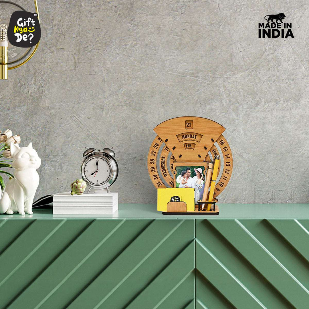Gift Kya De Infinite Circular Calendar With Pen, Card Holder | Clock And Photo Frame Options Available | Desk Accessories