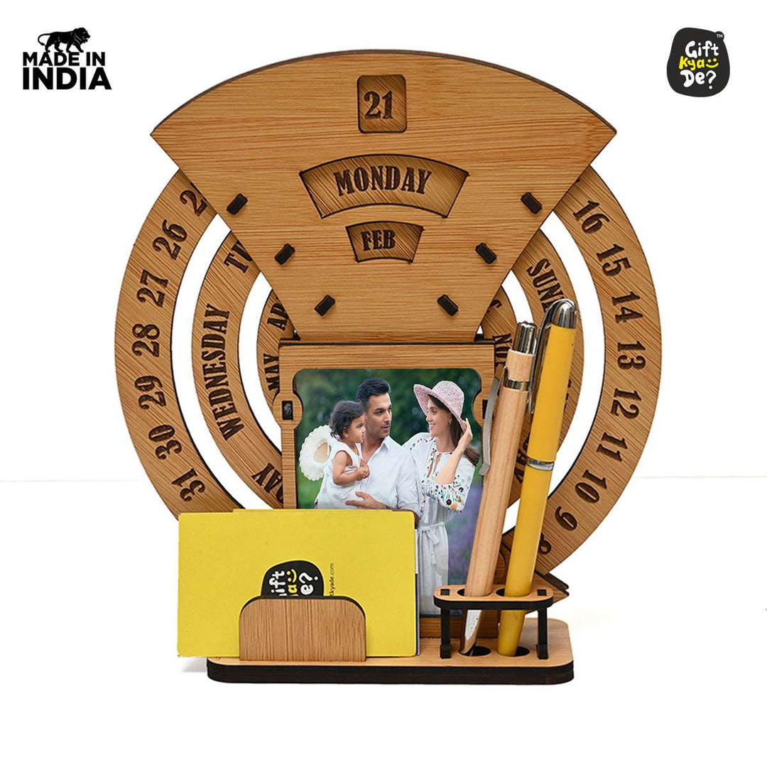Gift Kya De Infinite Circular Calendar With Pen, Card Holder | Clock And Photo Frame Options Available | Desk Accessories