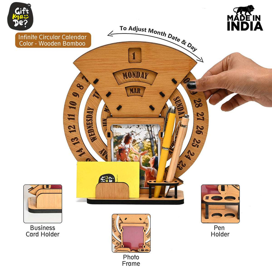 Gift Kya De Infinite Circular Calendar With Pen, Card Holder | Clock And Photo Frame Options Available | Desk Accessories