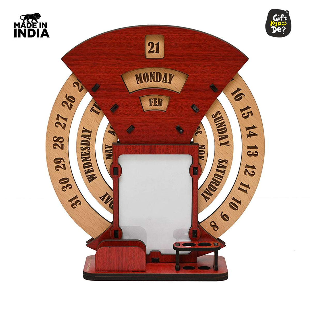 Gift Kya De Infinite Circular Calendar With Pen, Card Holder | Clock And Photo Frame Options Available | Desk Accessories