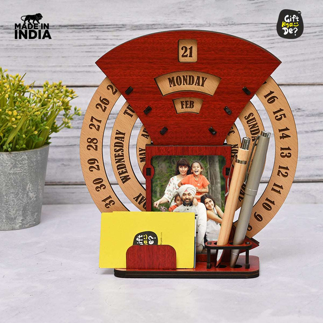 Gift Kya De Infinite Circular Calendar With Pen, Card Holder | Clock And Photo Frame Options Available | Desk Accessories