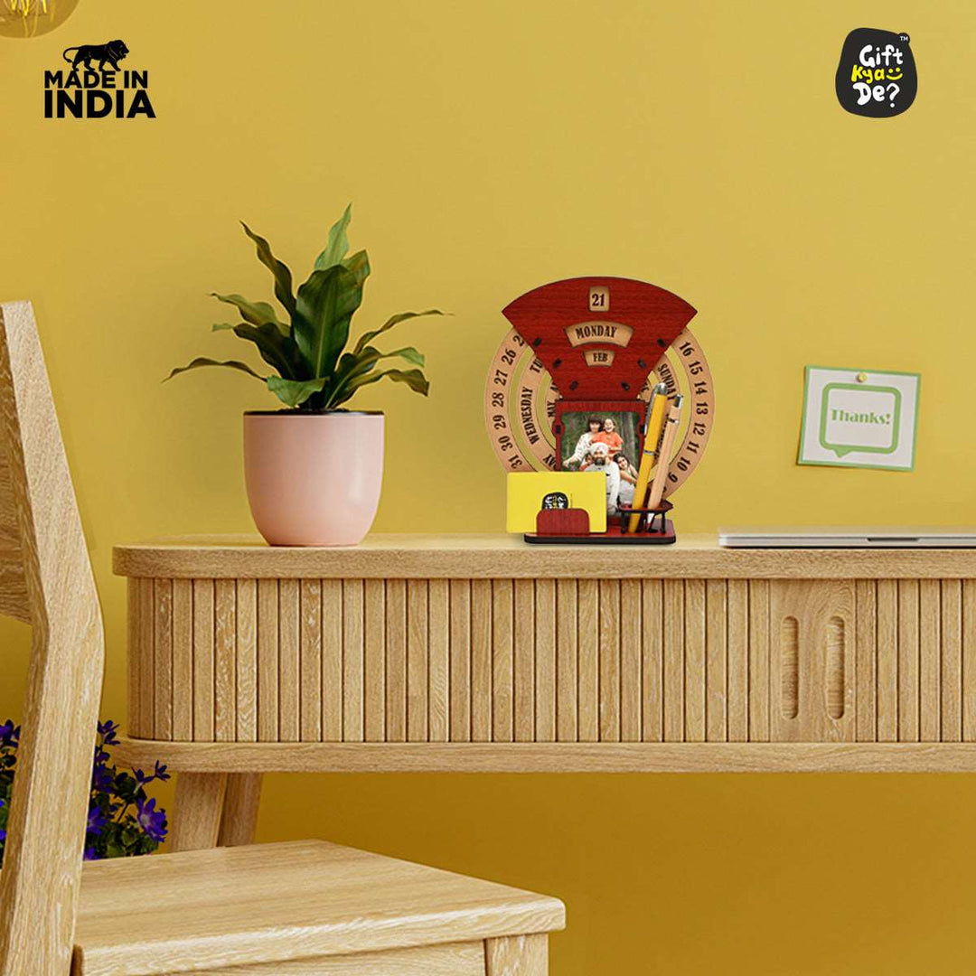 Gift Kya De Infinite Circular Calendar With Pen, Card Holder | Clock And Photo Frame Options Available | Desk Accessories