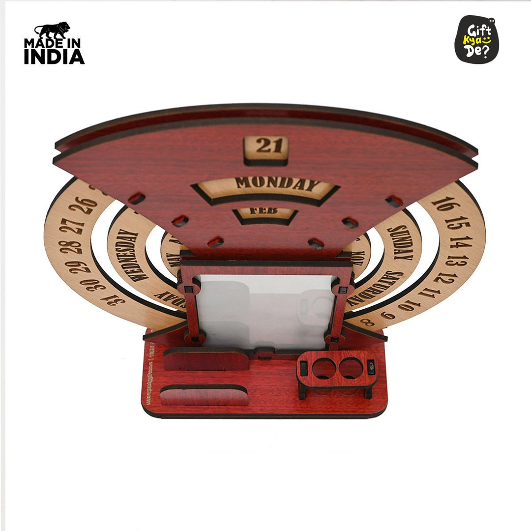 Gift Kya De Infinite Circular Calendar With Pen, Card Holder | Clock And Photo Frame Options Available | Desk Accessories