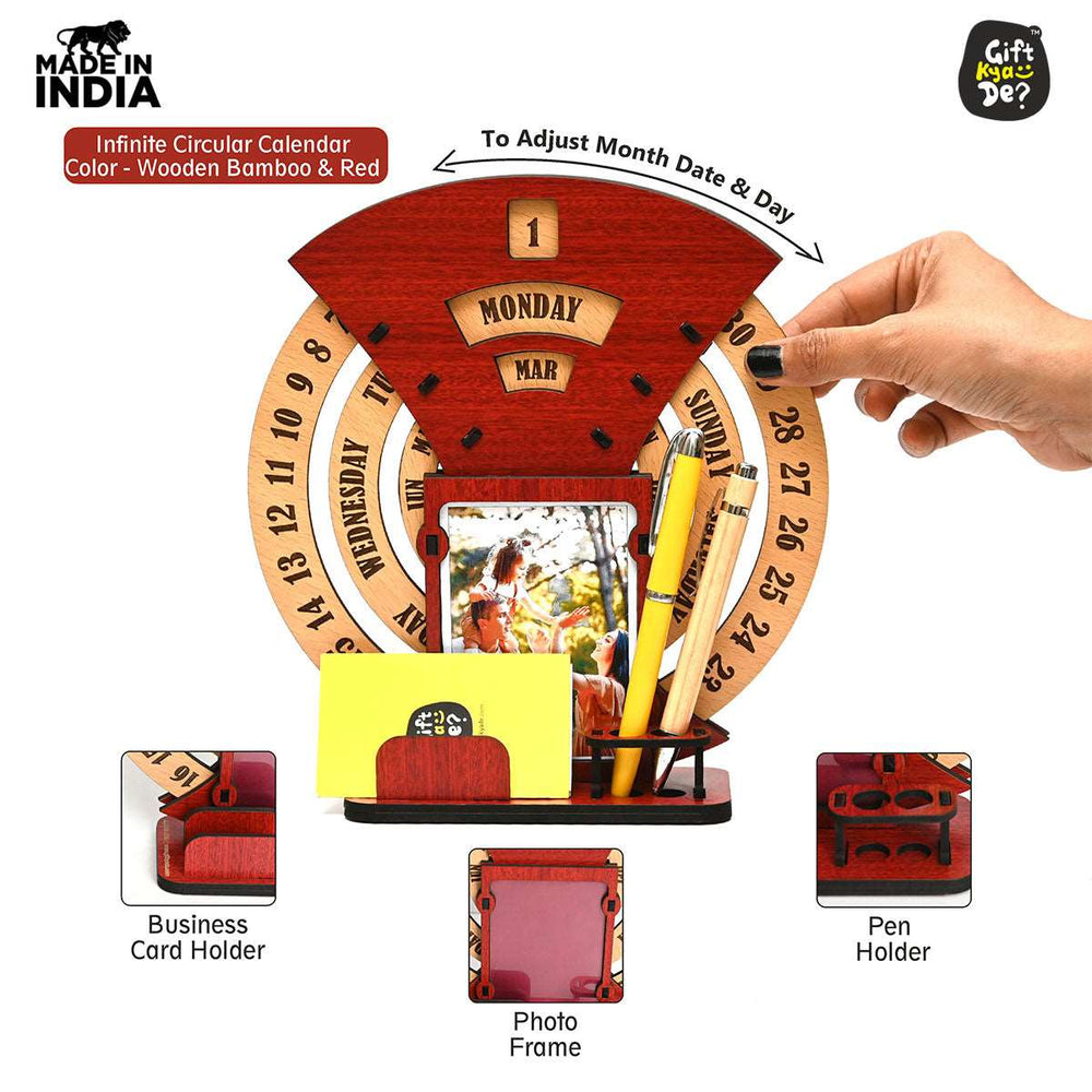 Gift Kya De Infinite Circular Calendar With Pen, Card Holder | Clock And Photo Frame Options Available | Desk Accessories