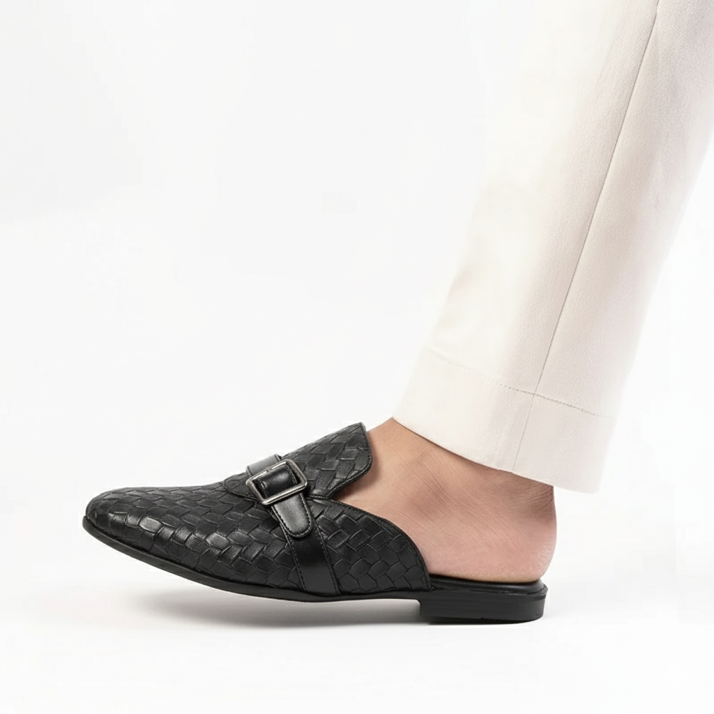Monkstory Woven Buckle Mules - Black