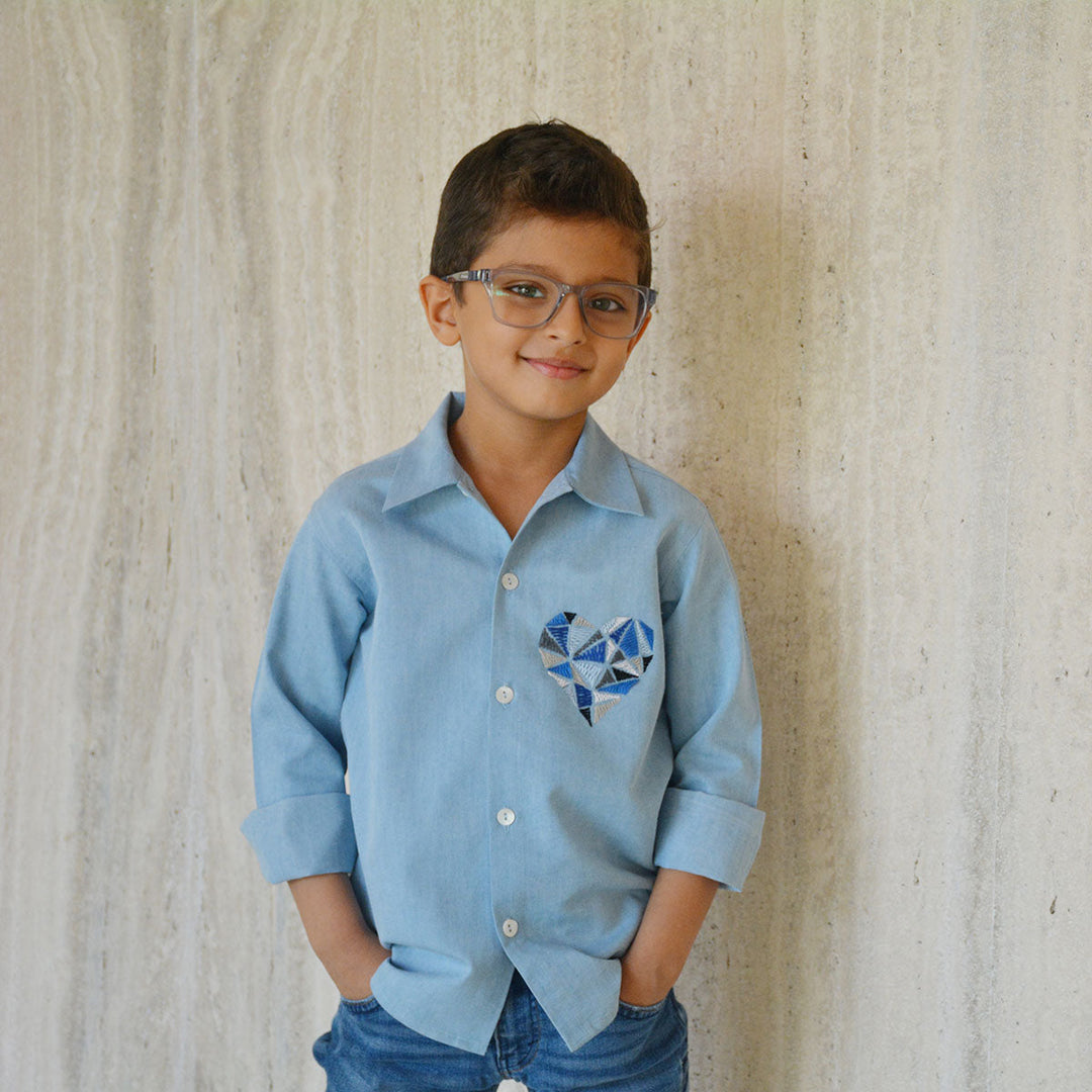 Geometric Heart Embroidered Denim Shirt