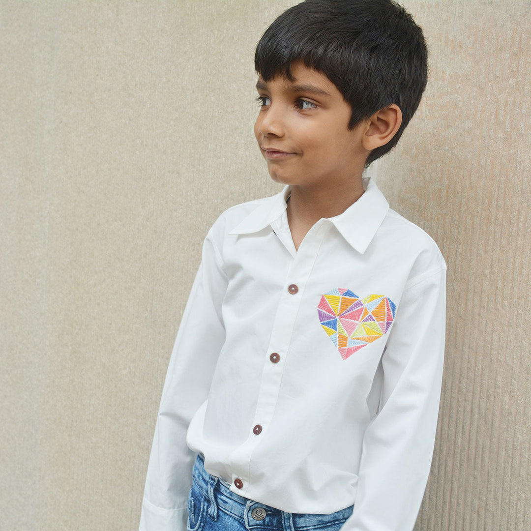 Geometric Heart Embroidered Shirt - White