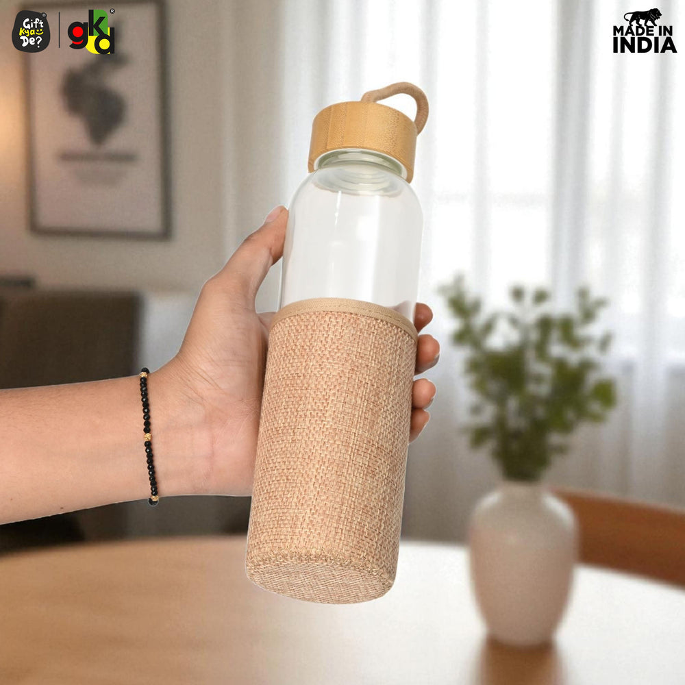 Glass Water Bottle with Bamboo Spill-Proof Cap & Jute Sleeve 450 ML | Eco-Friendly & Reusable | BPA Free | Leak-Proof | Travel Friendly | Made in India