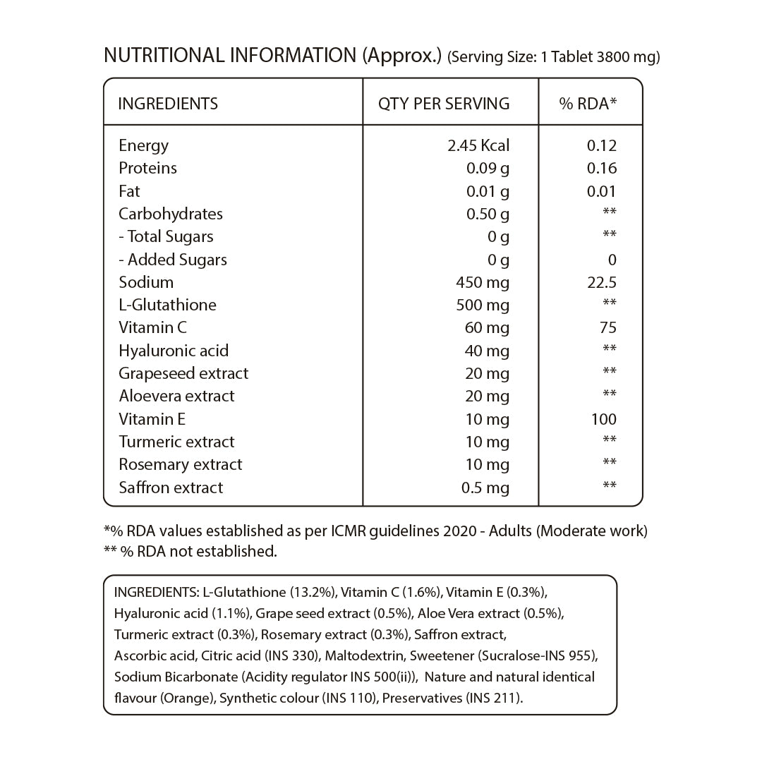 Glutathione 500mg with Vitamin C & Saffron | Effervescent Tablets for Skin Glow