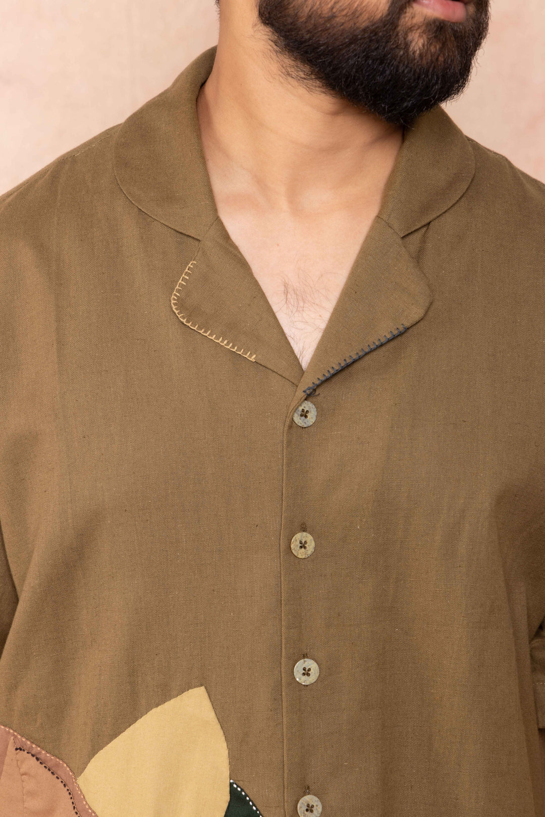 Handcrafted Green Shirt with cuban collar detailing