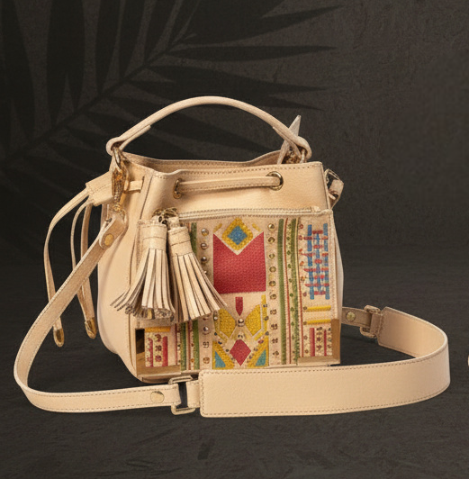 Green Hermitage Nora Vegan Leather Embroidered Sling Bag - Almond