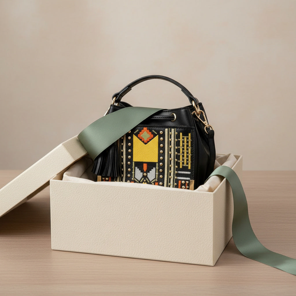 Green Hermitage Nora Vegan Leather Embroidered Sling Bag - Black