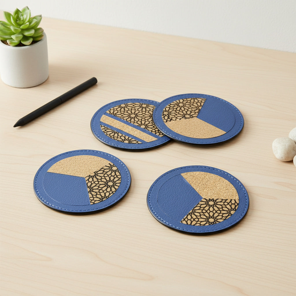 Green Hermitage Vegan Leather Coasters Set - Blue