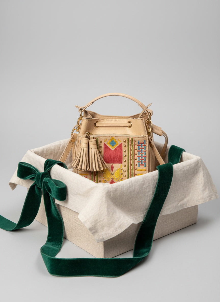 Green Hermitage Nora Vegan Leather Embroidered Sling Bag - Almond