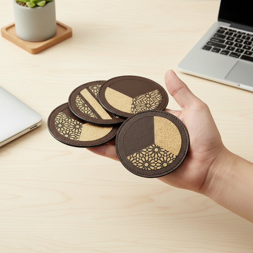 Green Hermitage Vegan Leather Coasters Set - Maroon