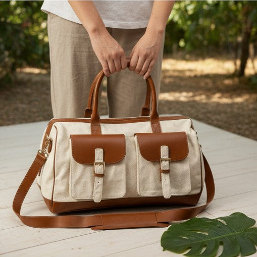 Green Hermitage Ajax Vegan Leather Duffle Bag -Beige