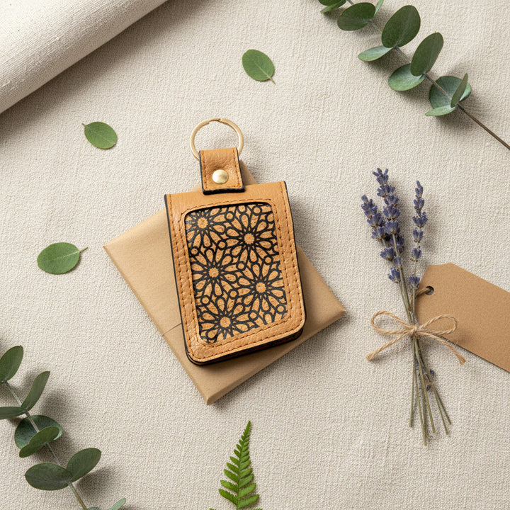 handcrafted caramel plant leather keychain with printed cork pattern by Green Hermitage