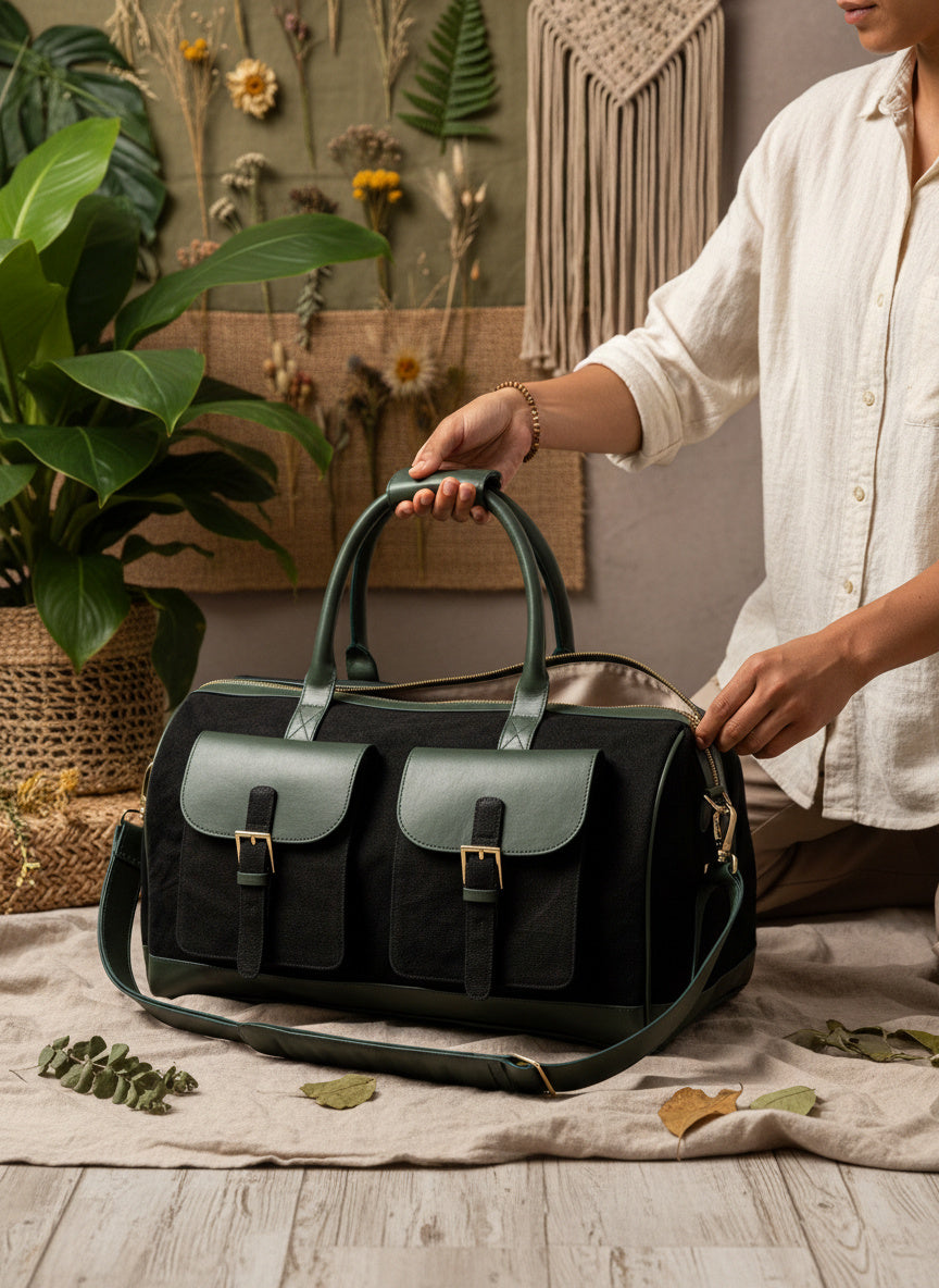 Green Hermitage Ajax Vegan Leather Duffle Bag - Black